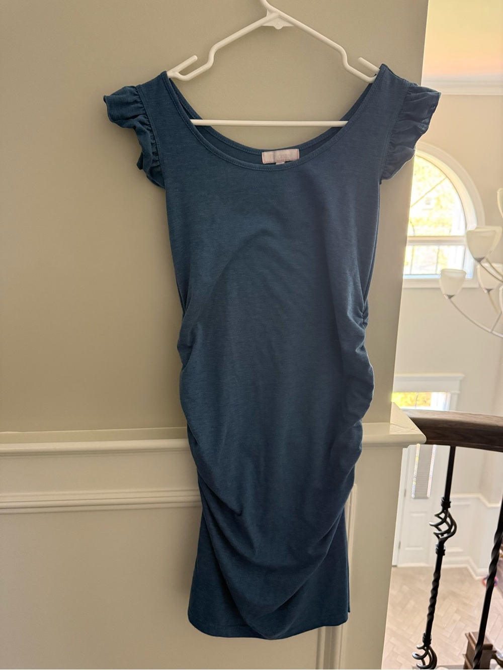 Blue Ruched Sleeve Midi Dress